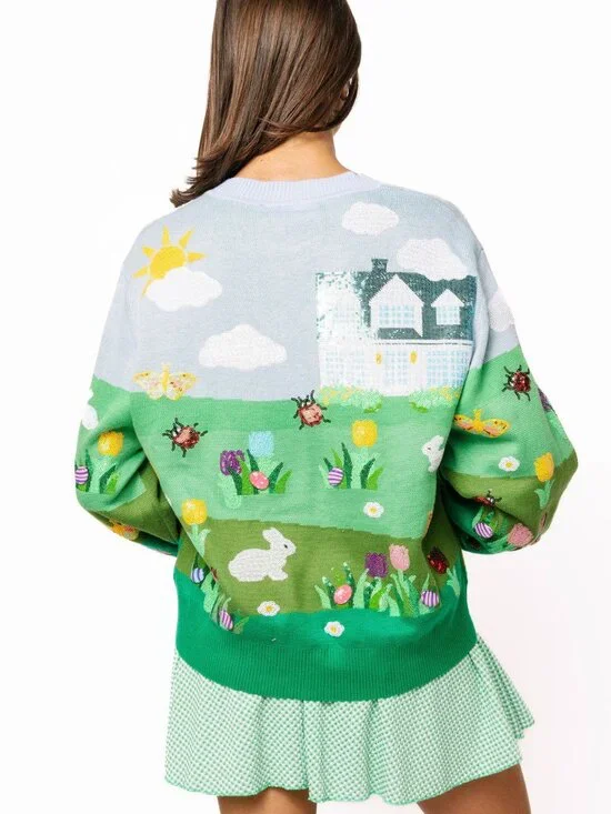 NWT Queen of Sparkles Multi Easter Bunnies & Eggs in Yard Scene Button Up Cardig - Picture 4 of 6